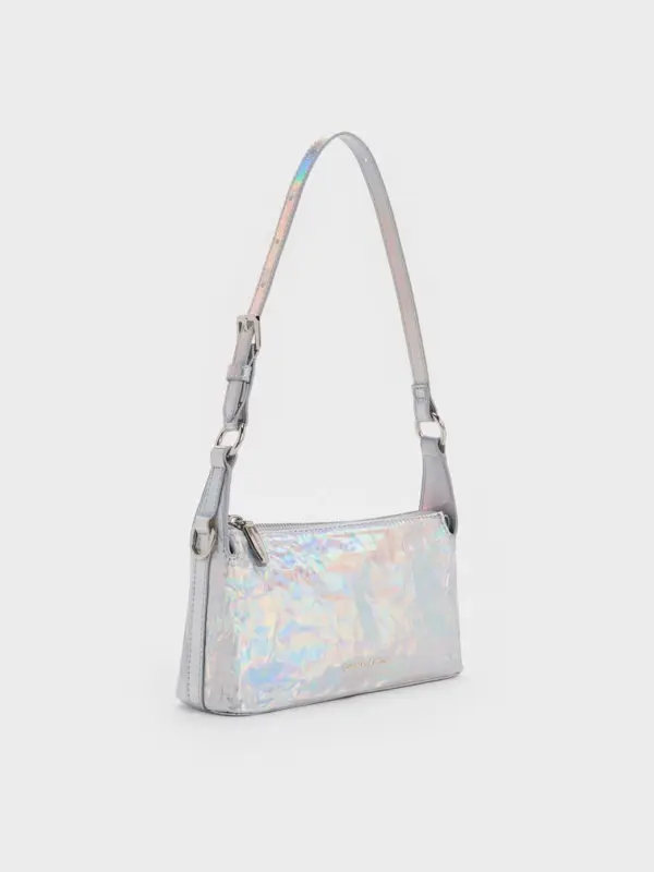 กระเป๋าสะพายไหล่โฮโลกราฟิกลายย่นรุ่น Lark - สีปริซึมซิลเวอร์